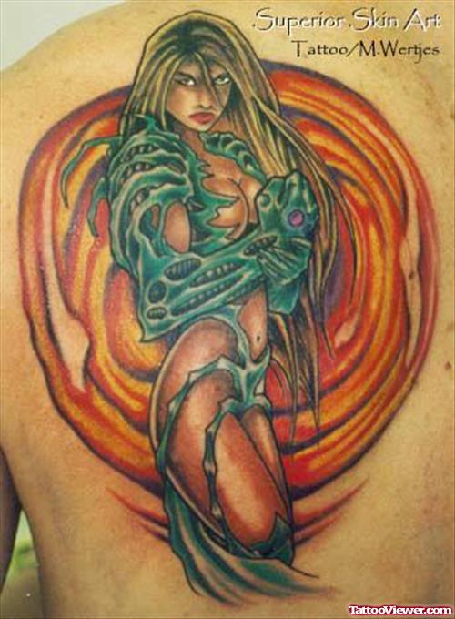 Beautiful Colored Fantasy Tattoo On Back Shoulder