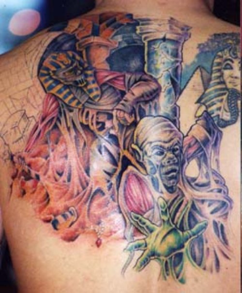Colored Egyptian Fantasy Tattoo On Back