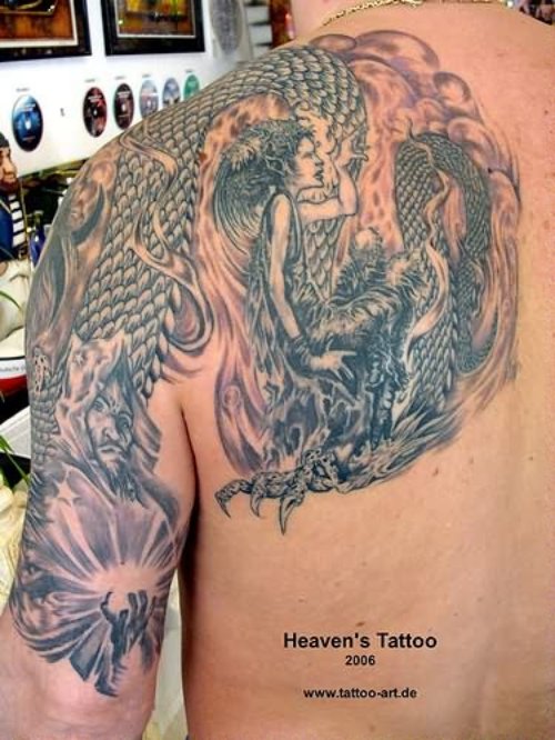 Fantasy Tattoo On Back And Shoulder