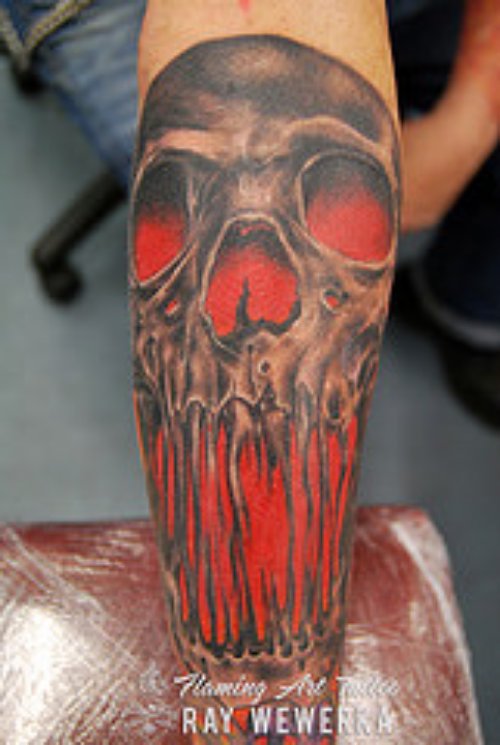 Red Ink Skull Fantasy Tattoo On Leg