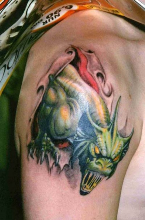Green Ink Fantasy Tattoo On Shoulder