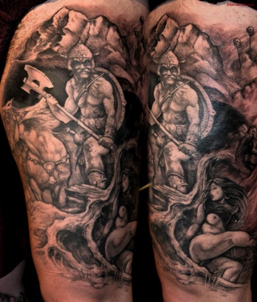 Grey Ink Warriors Fantasy Tattoo On Half Sleeve