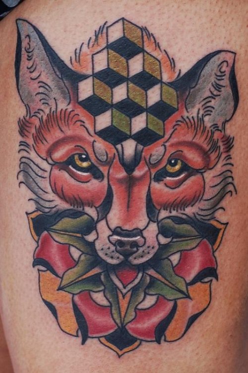Colored Flower And Fox Fantasy Tattoo