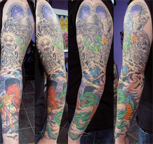 Colored Fantasy Tattoos On Sleeve