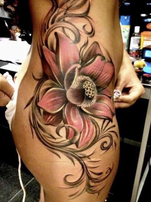 Stunning Flowers Fantasy Tattoo On Side Rib