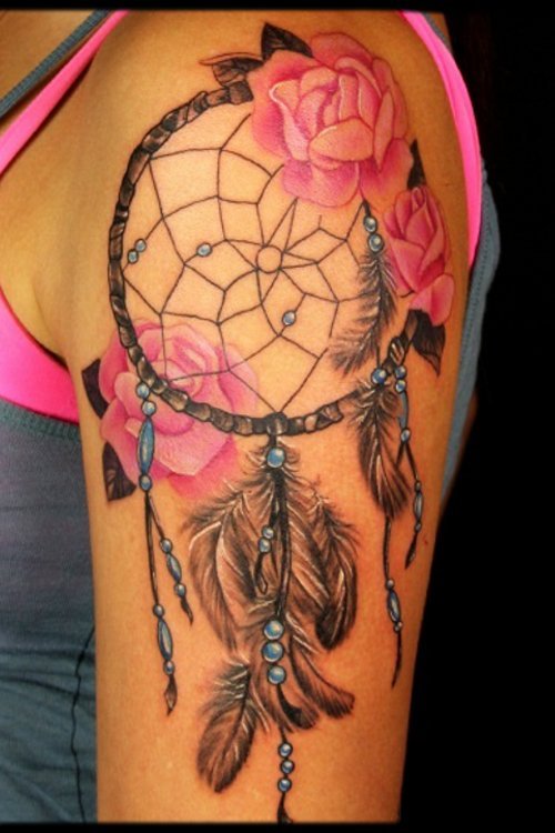 Pink Rose Flowers and Dreamcatcher Fantasy Tattoo On Shoulder