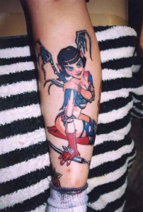 Colored Fantasy Girl Tattoo On Leg