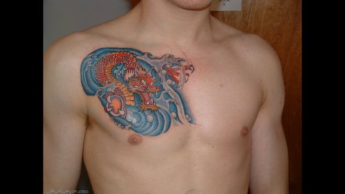 Colored Chinese Dragon Fantasy Tattoo On Chest