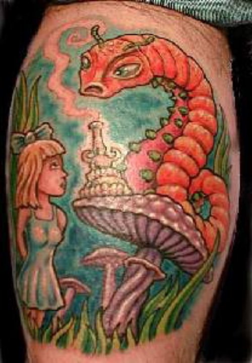Mushroom And Fantasy Colored Tattoo On Back Leg