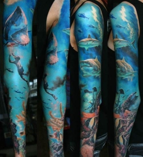 Colored Ocean Fantasy Tattoos On Sleeve