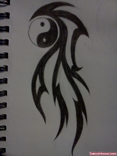 Yin Yang And Tribal Feather Tattoo Design