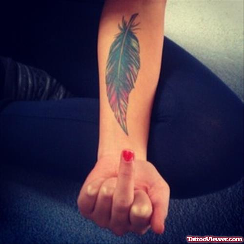Colorful Feather Tattoo On Left Forearm