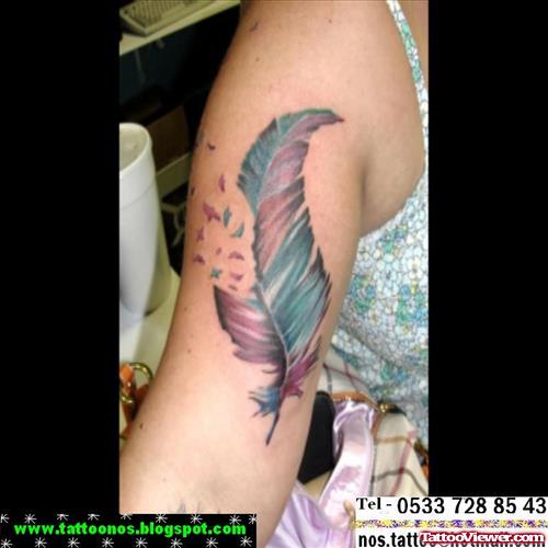 Colored Feather Tattoo On Half Sleeve