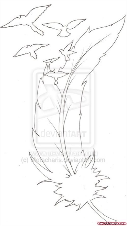 Outline Birds And Feather Tattoo Design