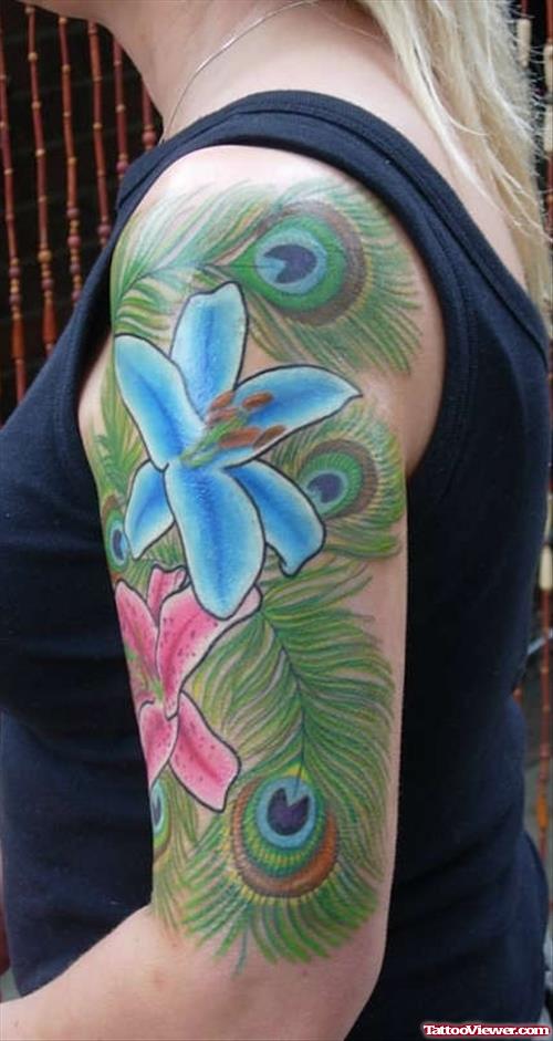 Blue And Pink Flowers With Feather Tattoos On Half Sleeve