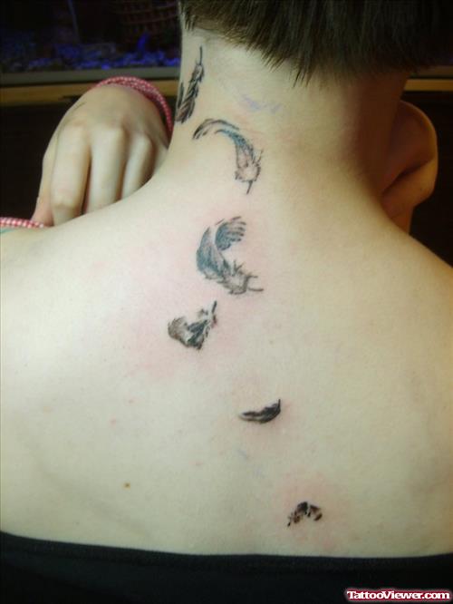 Feather Tattoos On Girl Upperback