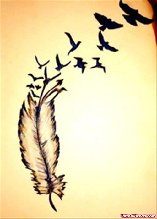 Classic Black Birds And Feather Tattoo Design