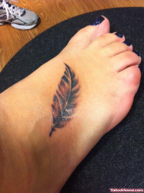 Mind Blowing Girl Right Foot Feather Tattoo