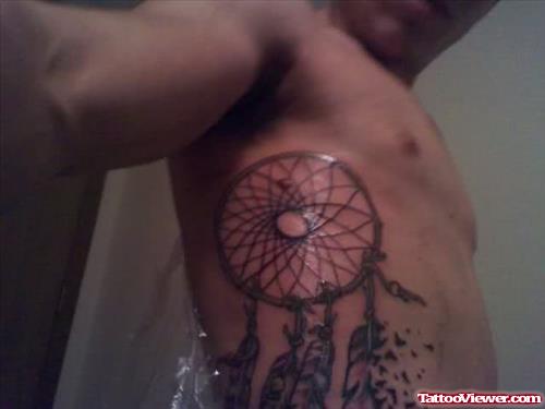 Dreamcatcher Feather Tattoos On Side Rib