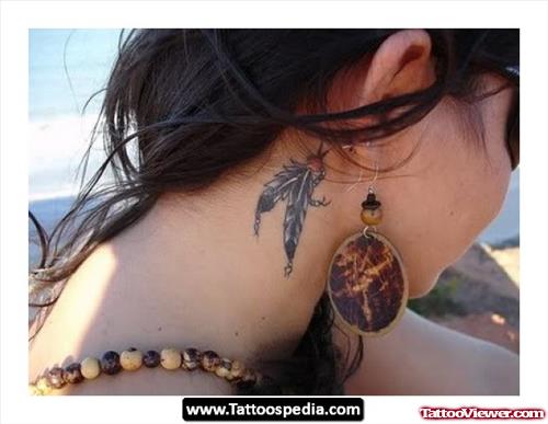 Behind The Ear Feather Tattoo For Girls