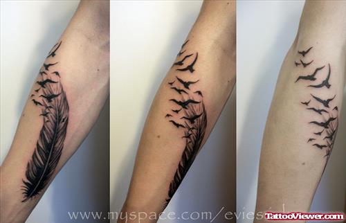 Flying Birds And Feather Tattoo On Arm