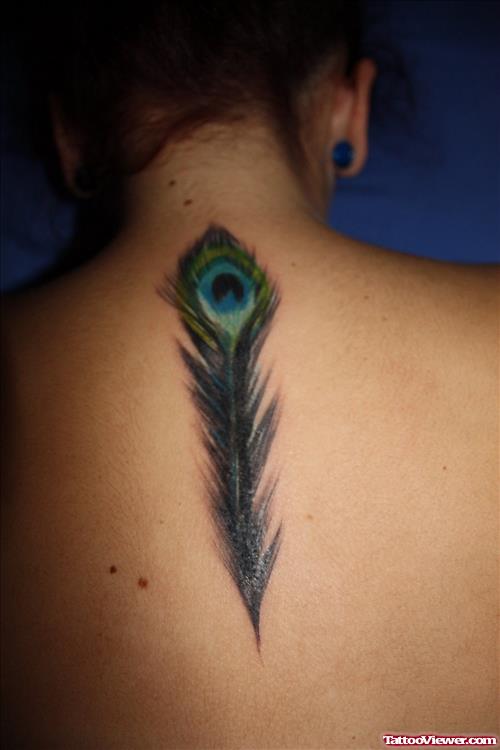 Classic Peacock Feather Tattoo On Girl Upperback