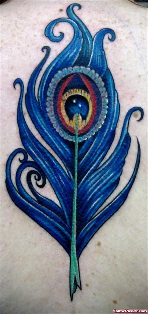 Blue Ink Peacock Feather Tattoo