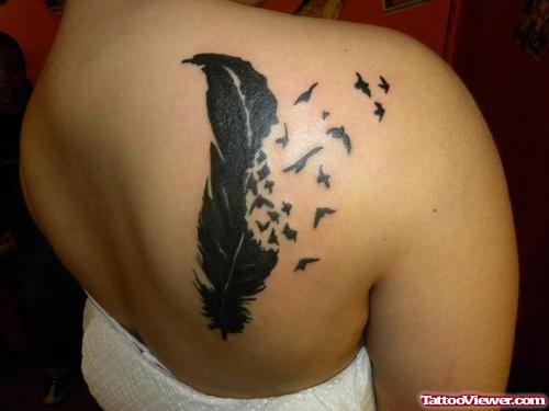 Black Ink Feather And Flying Birds Tattoo