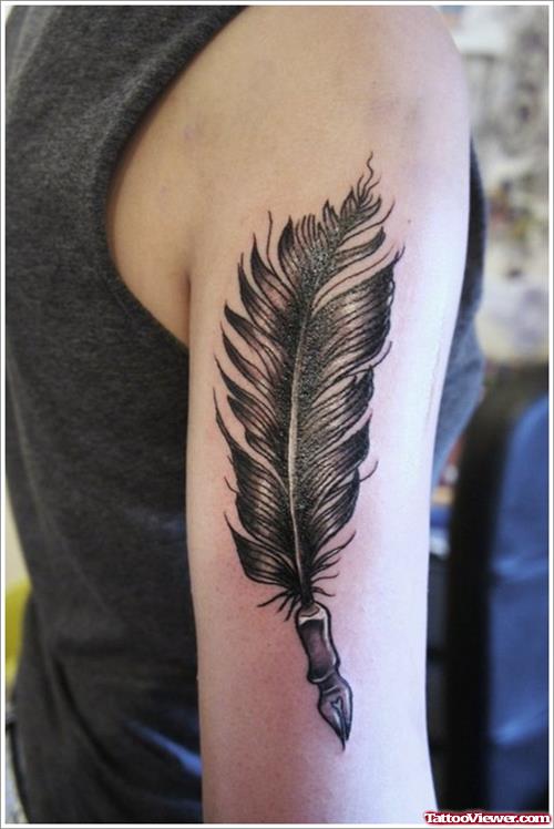 Grey Ink Feather Tattoo On Right Half Sleeve