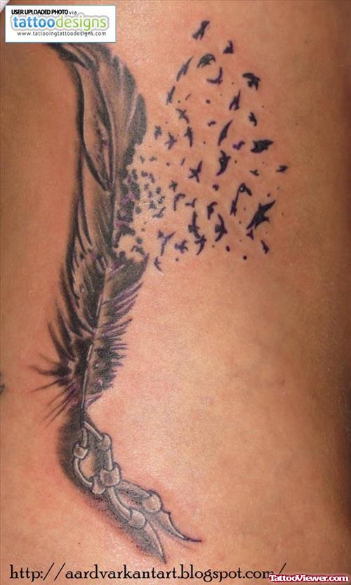 Flying Birds And Grey Ink Feather Tattoo
