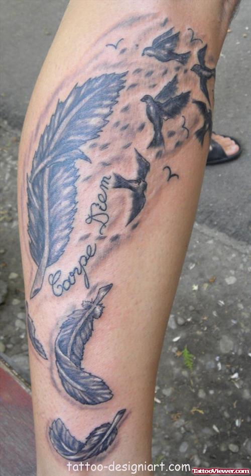 Feathers and Birds Tattoos On Leg