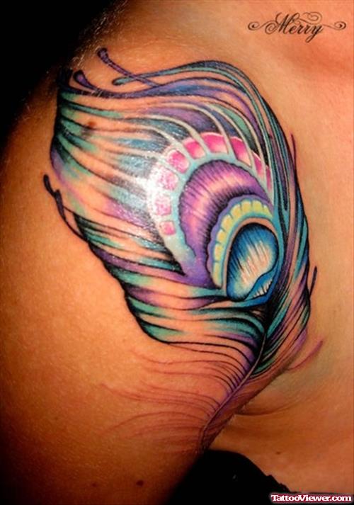 Awesome Colored Peacock Feather Tattoo On Shoulder