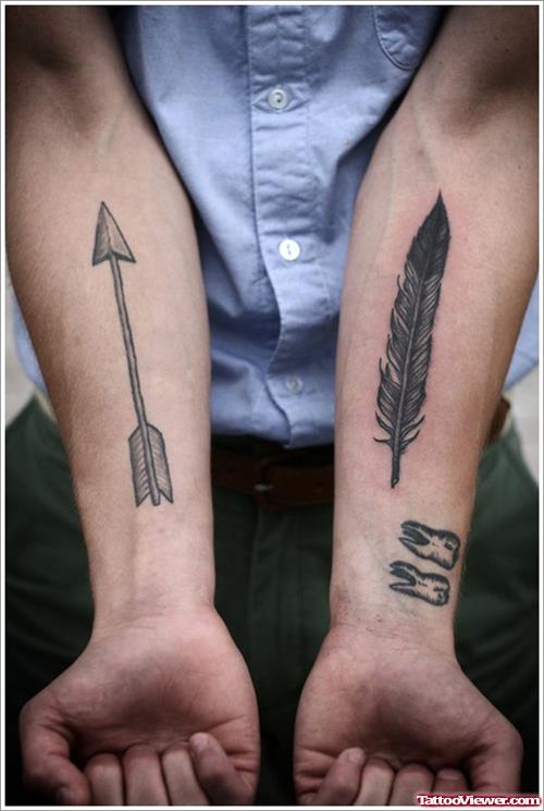 Arrow And Feather Tattoos On Forearms