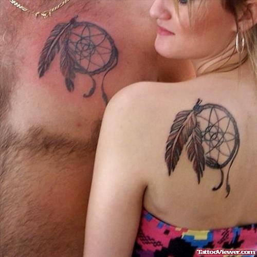 Couple With Dreamcatcher Feather Tattoos