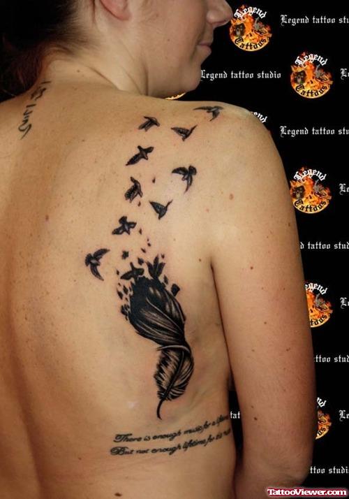 Classic Feather And Birds Tattoo On Back