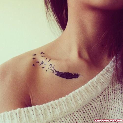 Birds Flying From Feather Tattoo On Collarbone