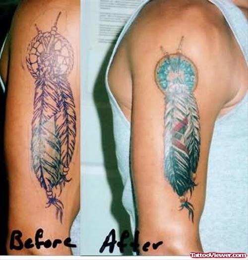 Coloured Feather Tattoo On Shoulder