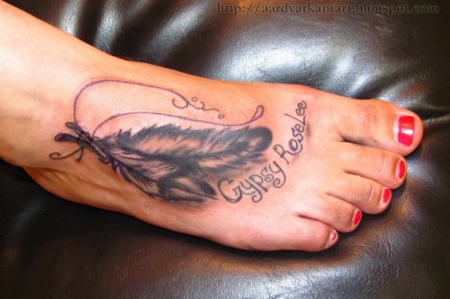 Feather Tattoos On Girl Right Foot