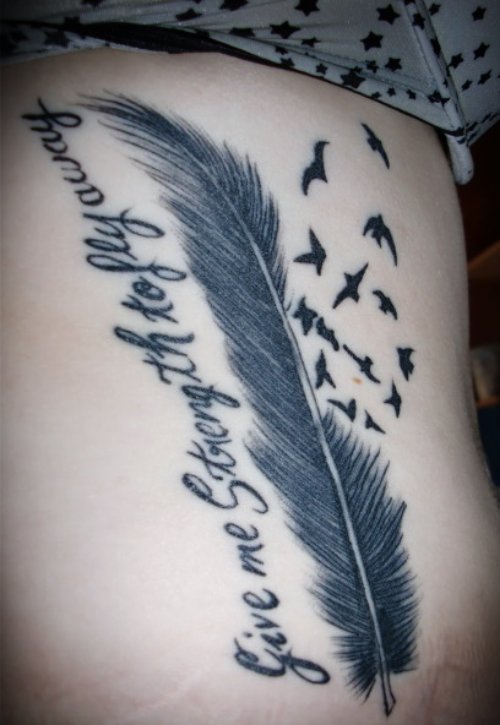 Lettering And Feather Tattoo