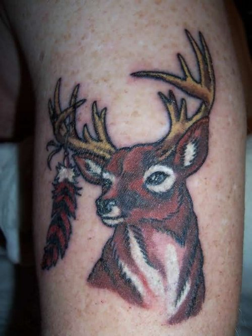Buck With Hawk Feather Tattoo