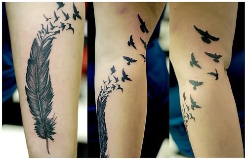 Birds And Feathers Tattoos On Legs