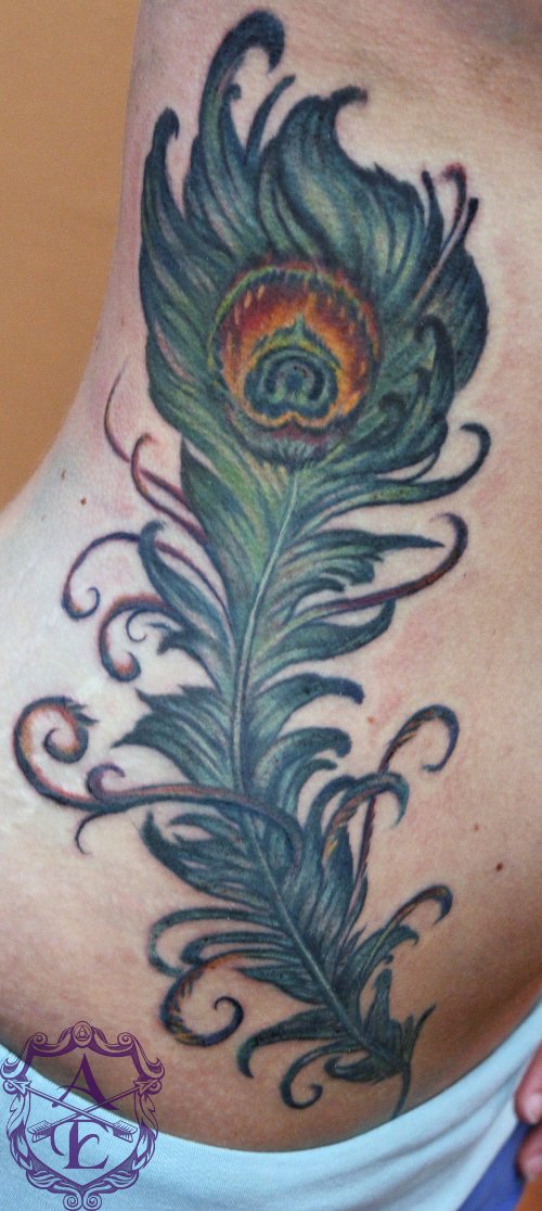 Fine Colored Peacock Feather Tattoo On Rib Side