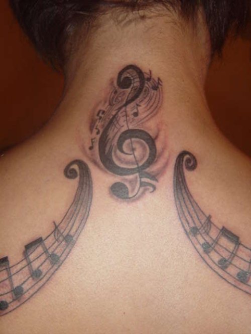 Music Note And Feather Shape Tattoo