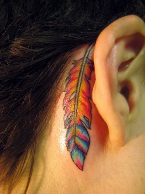 Coloured Feather Tattoo On Back Ear