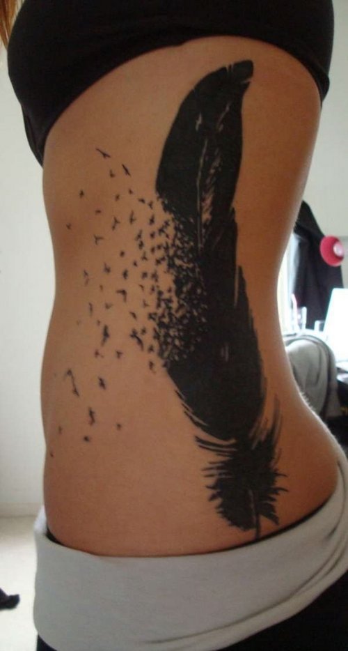 Rib Side Large Feather Tattoo