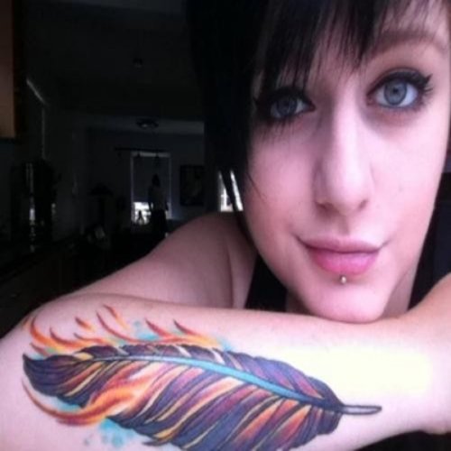 Colored Feather Tattoo On Right Arm