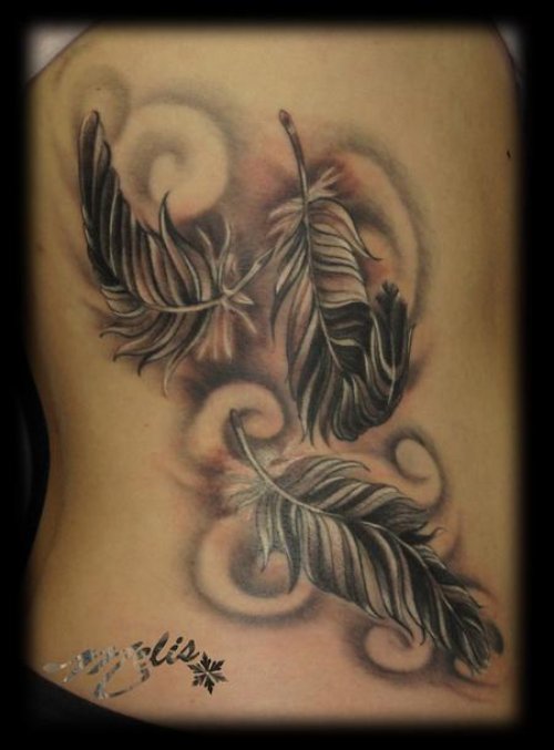 Awesome Grey Ink Feather Tattoo On side Rib