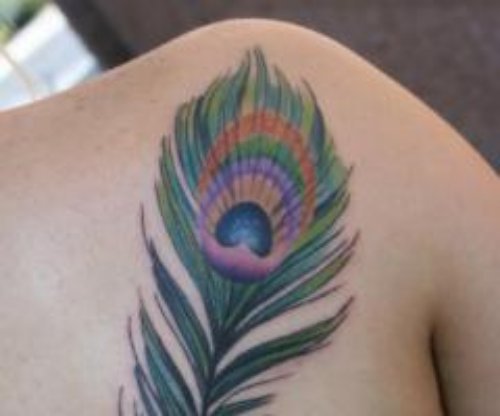 Awful Colored Peacock Feather Tattoo On Back Shoulder
