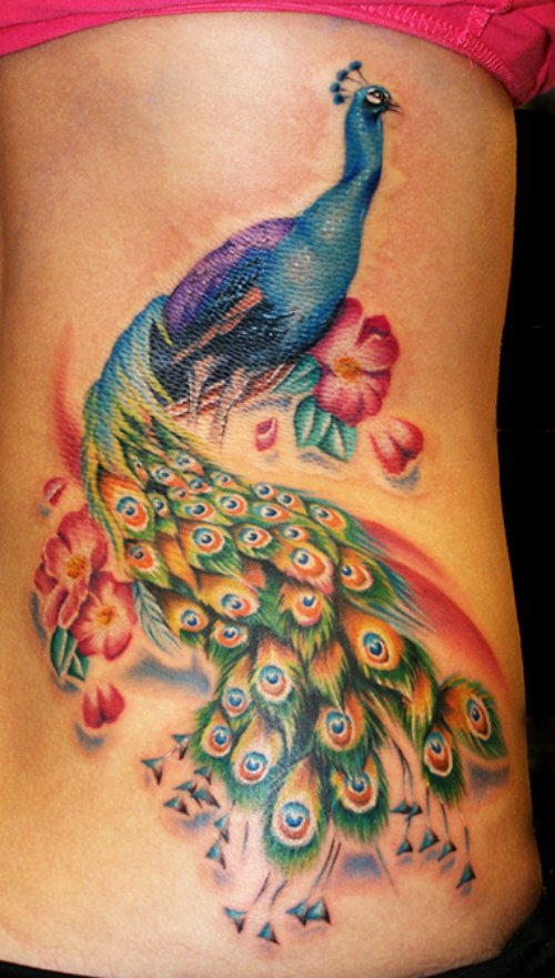 Large Peacock Feathers Tattoos On Side