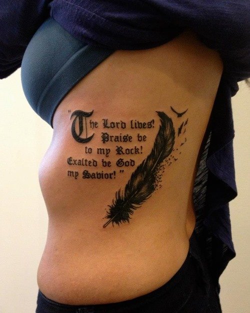 Lettering And Feather Tattoo On Rib Side